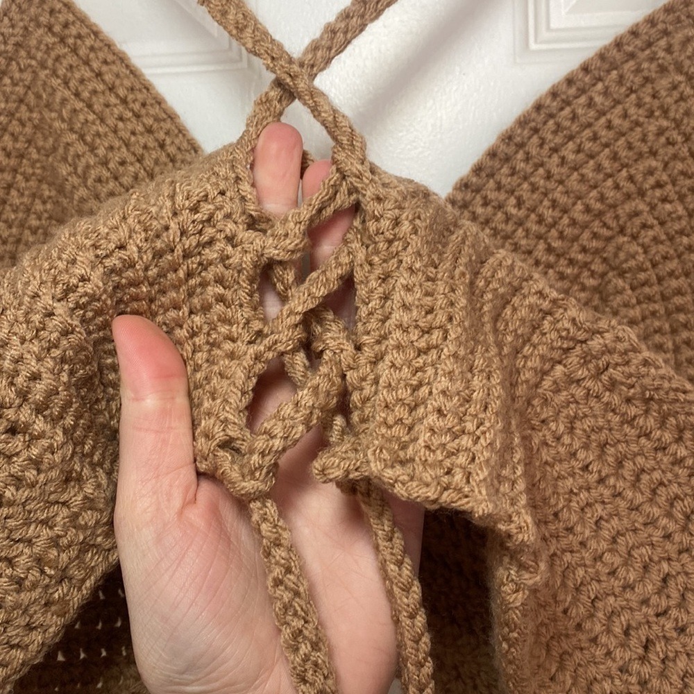 Handmade Crochet Knit Top Small Tan Brown Pink Lace Up Back Festival Boho - Picture 4 of 5